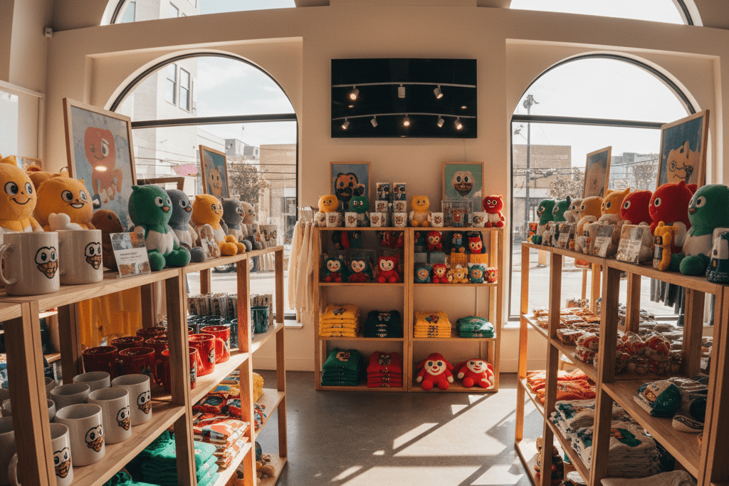 Retail shelf filled with colorful character-themed products lit by natural and ambient light, evoking emotional purchasing triggers