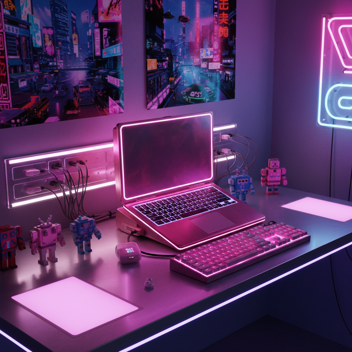 Retro-futurist pink laptop with iridescent shell glows under RGB LEDs on a cyberpunk desk.