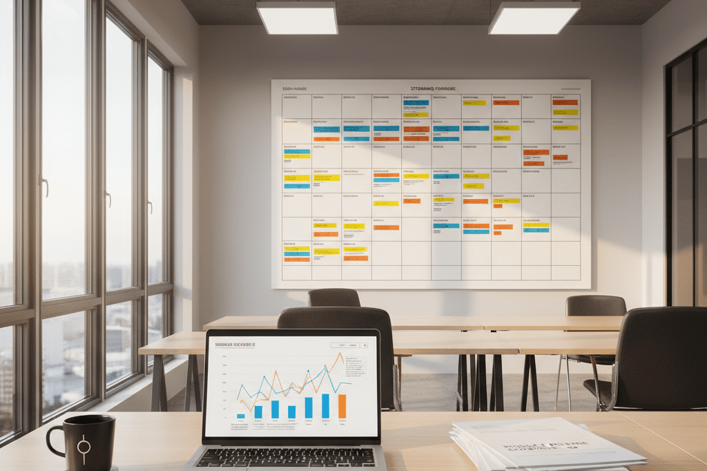 Office setup with marked calendar, laptop, and product schedules under warm natural light, highlighting release timing intelligence
