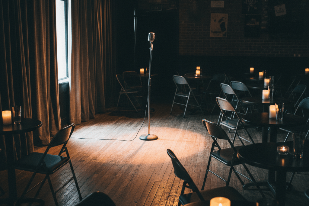 Wide shot of an empty comedy club stage with ambient lighting, evoking pre-performance anticipation without showing performers