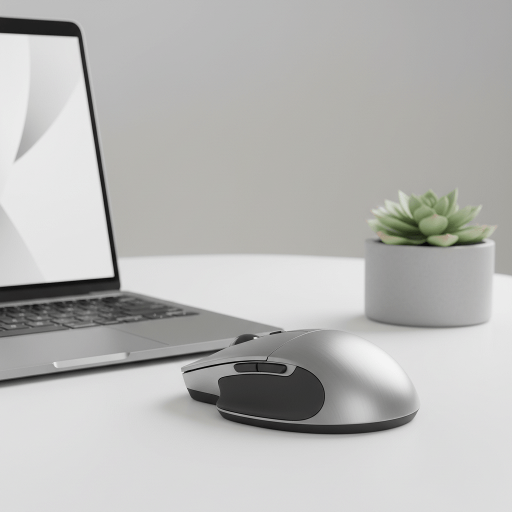 Minimalist trackball mouse on a white desk with a laptop and succulent.