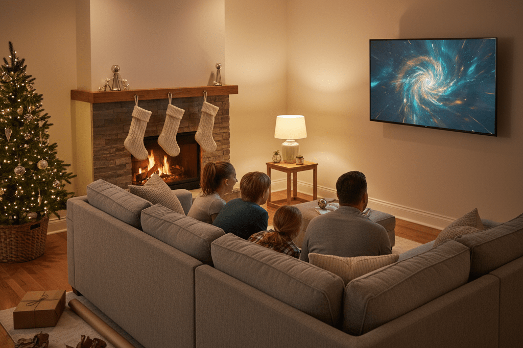 Warmly lit living room with family watching TV during holidays, emphasizing peak viewership moments