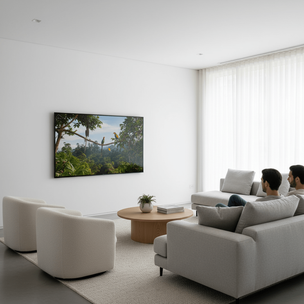 Modern living room with large TV showing nature documentary, minimalistic furniture.