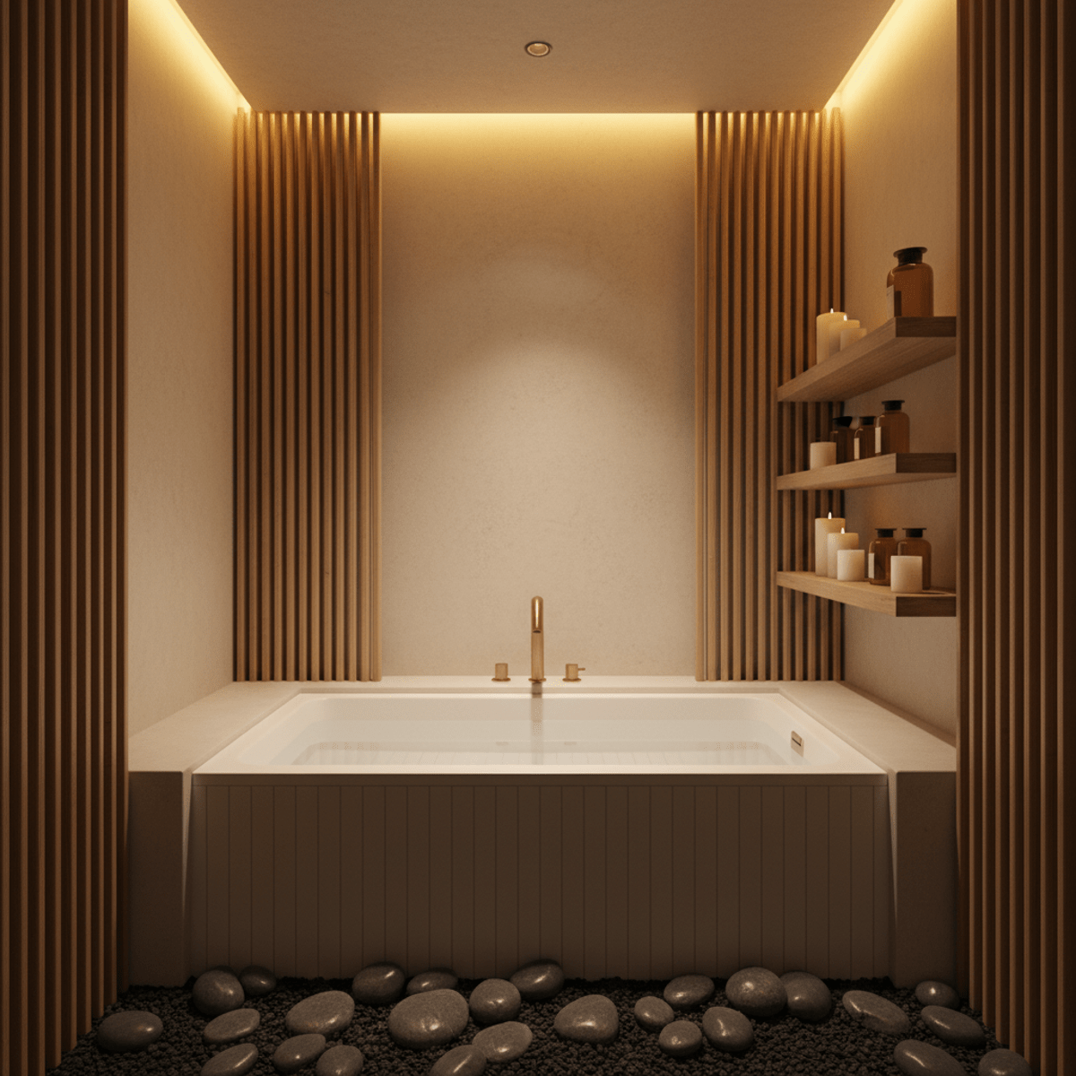 Japandi bathroom with matte white soaking tub, bamboo panels, and river stones.