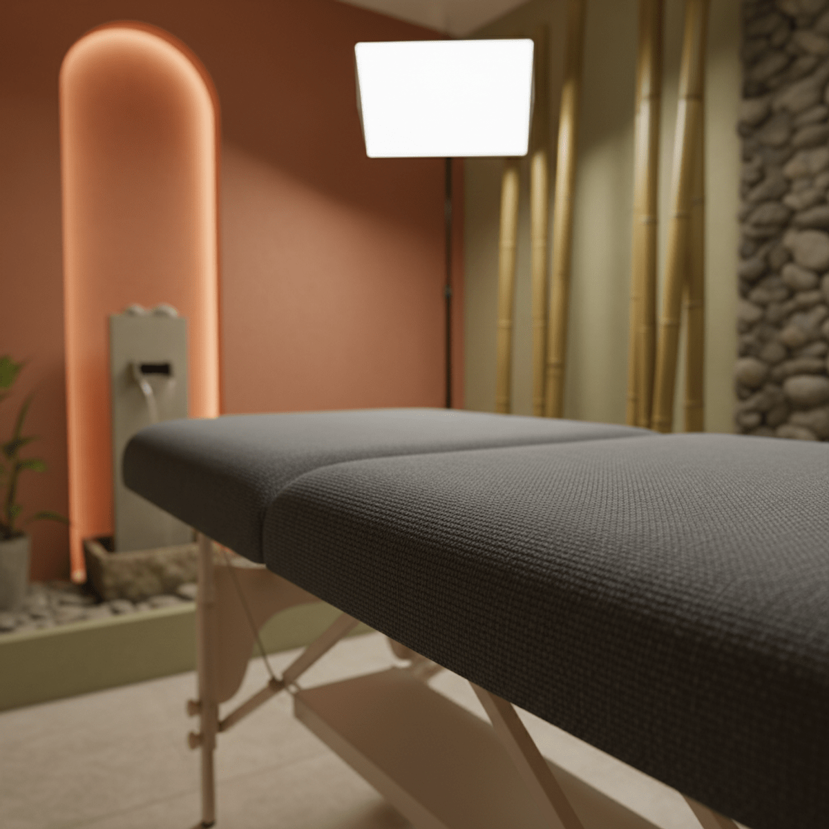 High-end charcoal massage table with tactile upholstery in a serene spa.