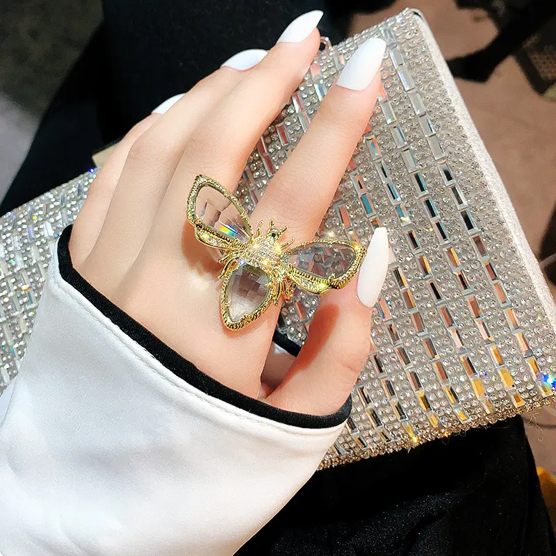 Koreangold plating luxury zircon bee open index finger ring crystal ring