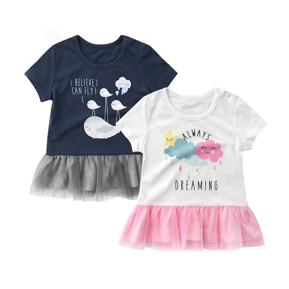 Оптовая продажа; модная летняя футболка с короткими рукавами и кружевной отделкой для маленьких девочек