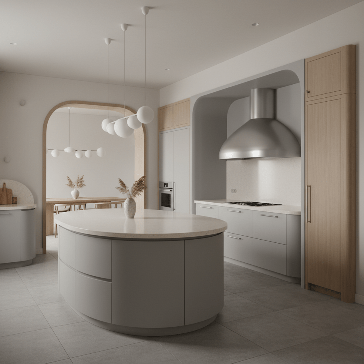 Modern kitchen with flowing curved shapes, circular island, and rounded cabinetry.