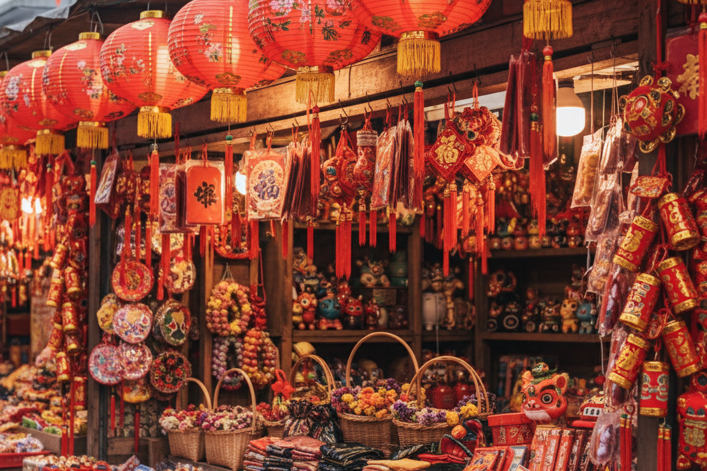 Colorful parade market stall with lanterns and souvenirs under warm light, symbolizing economic growth