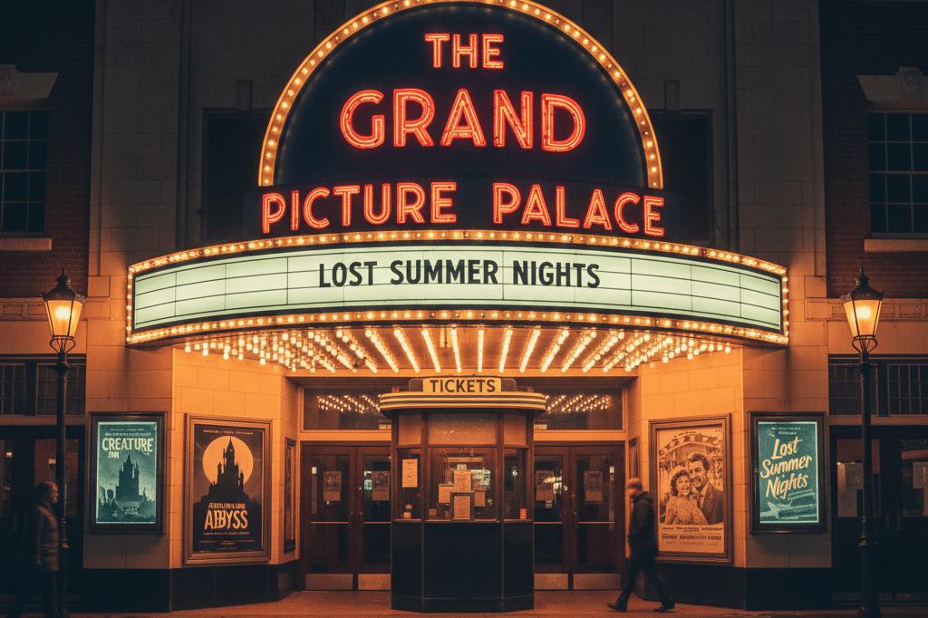 Wide shot of a classic movie theater at night, showcasing marquee lights and nostalgic film posters under ambient lighting.