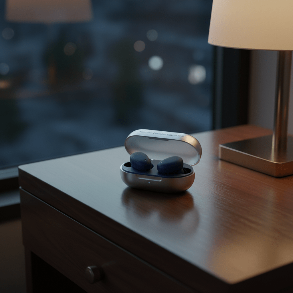 Lightweight noise cancelling earbuds on a polished wooden nightstand with a warm lamp.