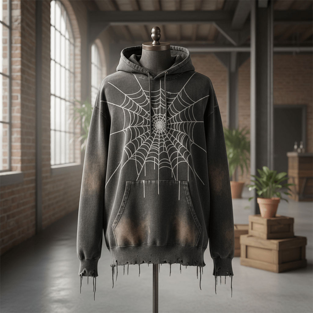 Distressed grunge hoodie with faded spiderweb graphic and frayed details.