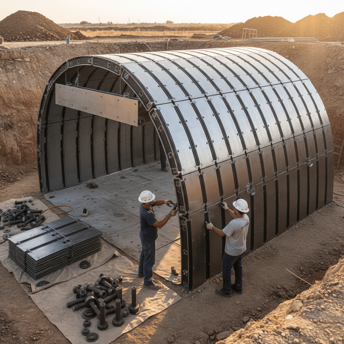 Workers assemble a modular steel bunker with precision-cut panels and locking mechanisms.