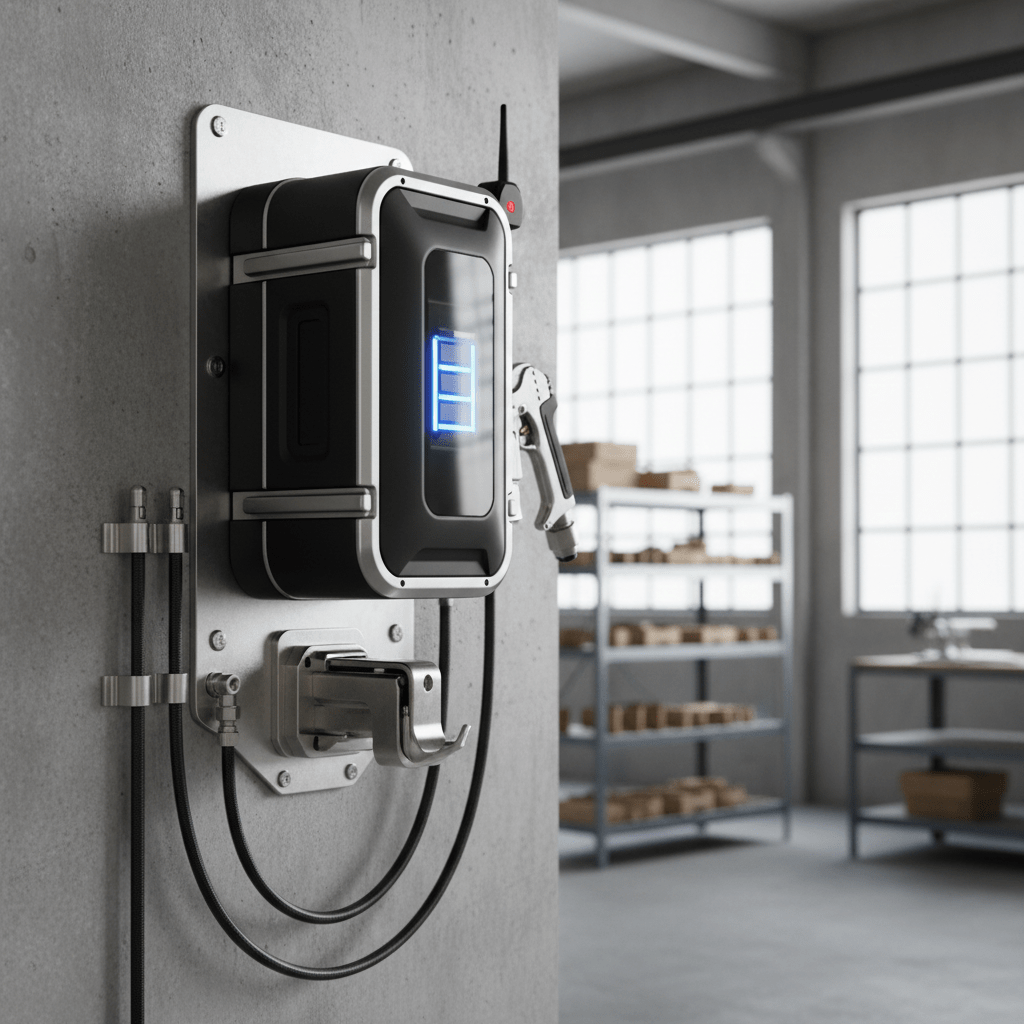 Sleek futuristic power washer mounted on a concrete workshop wall.