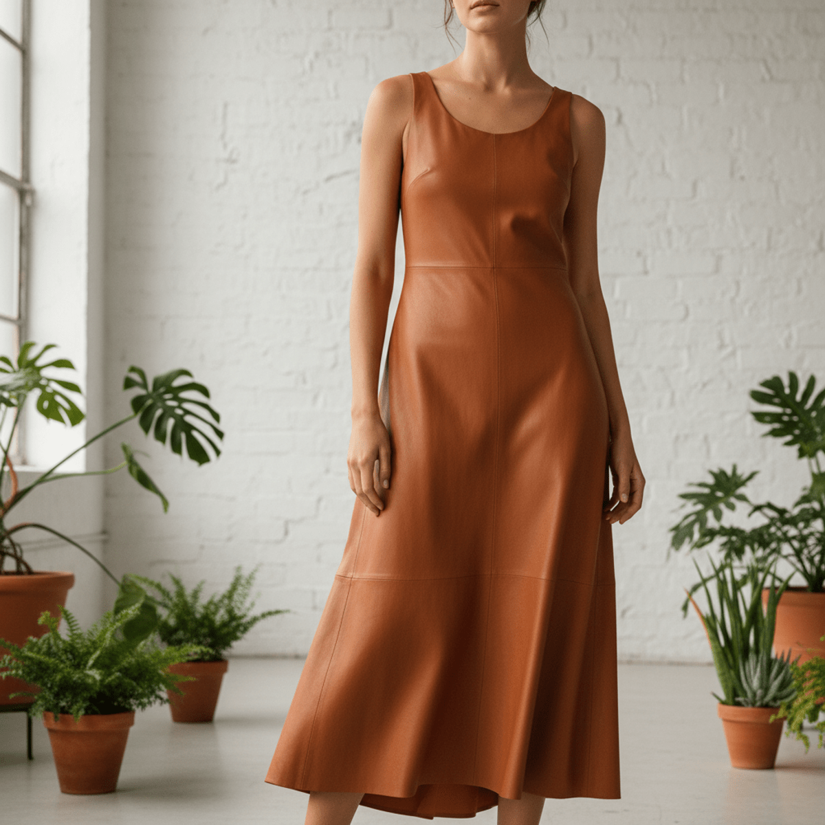 Sleek midi dress made from mushroom leather in warm terracotta tones.