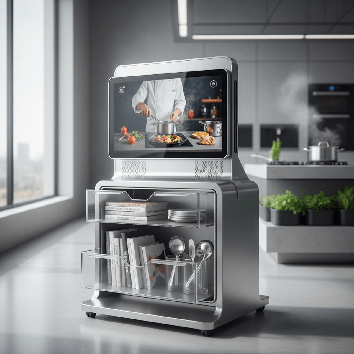 Sleek portable TV on wheels in a modern kitchen showing a cooking tutorial.