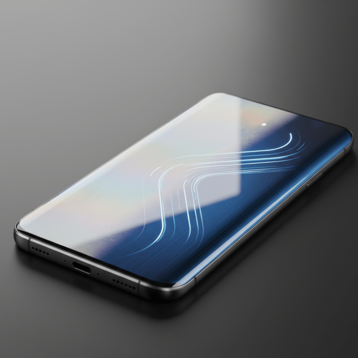 Sleek futuristic phone with chameleon finish shifting colors under studio lighting.