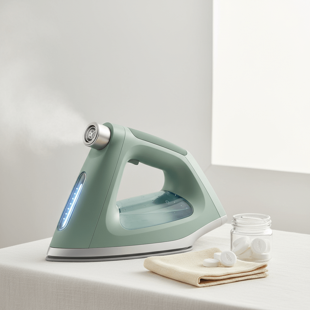 Futuristic eco-friendly ironing machine made from recycled ocean plastics with a glowing blue reservoir.