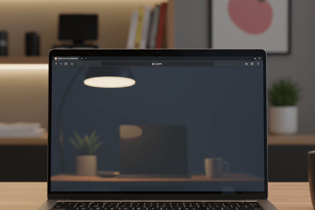 Photorealistic medium shot of a laptop screen displaying ai.com in a clean dark-mode browser interface under natural ambient office lighting