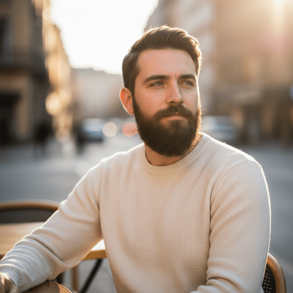 Modern man with circle beard in knit sweater at outdoor cafe, warm sunlight.