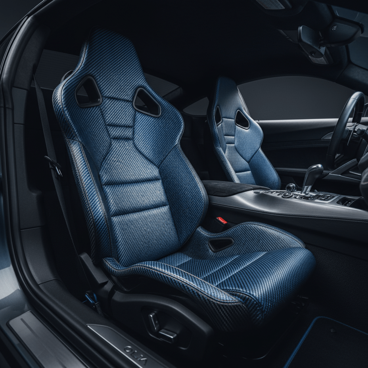 Luxury carbon fiber bucket seat with electric cobalt blue and bronze weave.