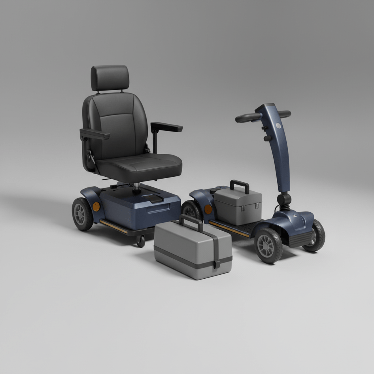 Mobility scooter parts disassembled for convenient transport Modern mobility scooter components neatly arranged for easy transport on a studio floor.