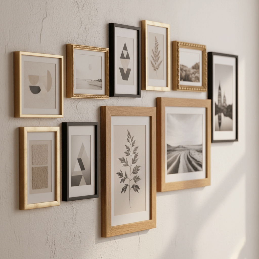Eclectic gallery wall with mismatched poster frames and earthy art prints.