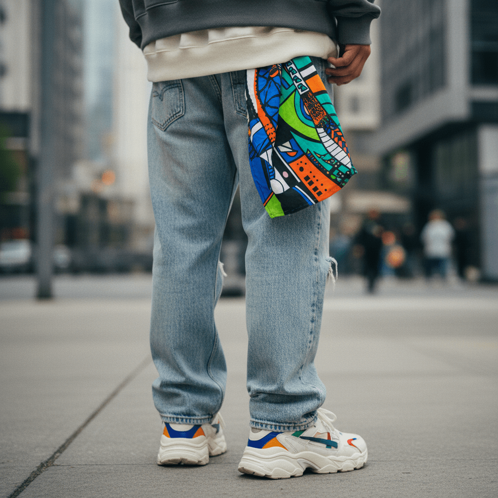 Folded bandana with bold patterns hangs from denim jeans, styled with hoodies and sneakers.