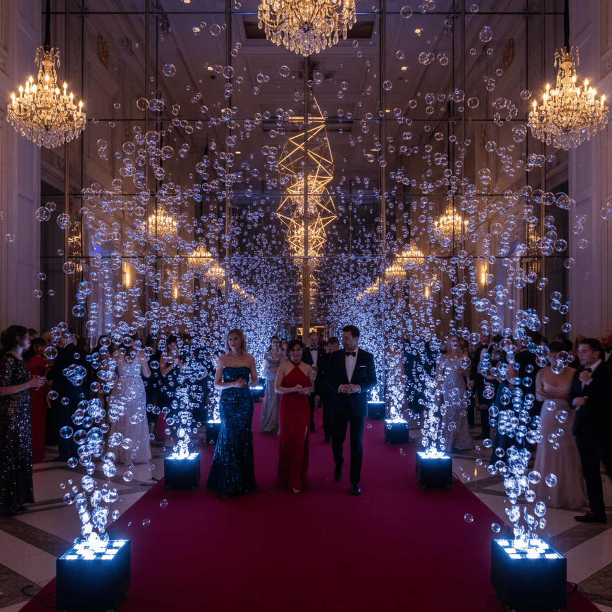 Majestic awards night entrance with dramatic bubble fog and glowing bubbles.