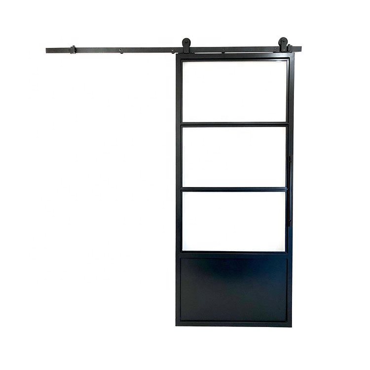 Nuevos paneles de diseño negro Interior corredera de marco de aluminio de puerta de granero de vidrio