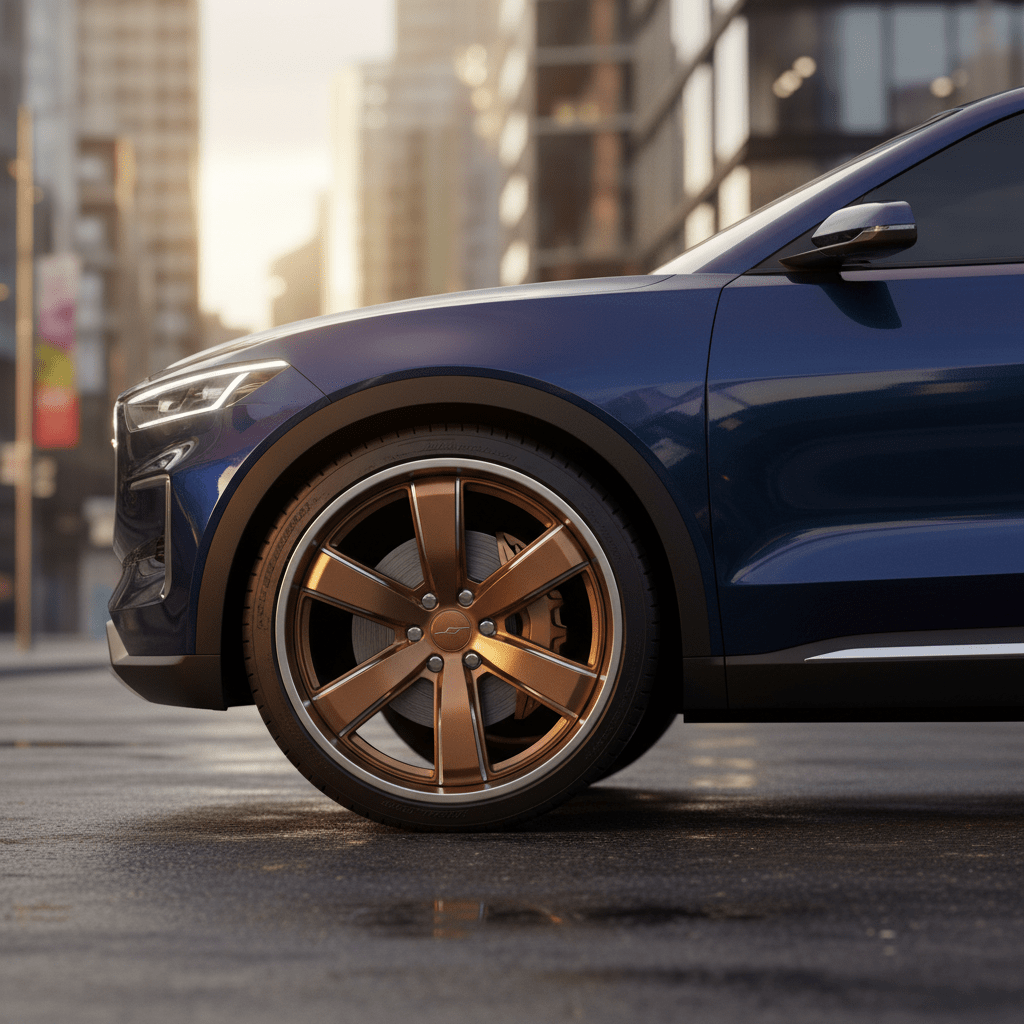 SUV with satin bronze monoblock wheels on urban street at sunset.