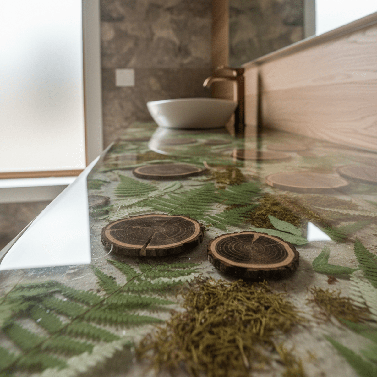 Spa bathroom countertop with clear resin embedding ferns and wood.