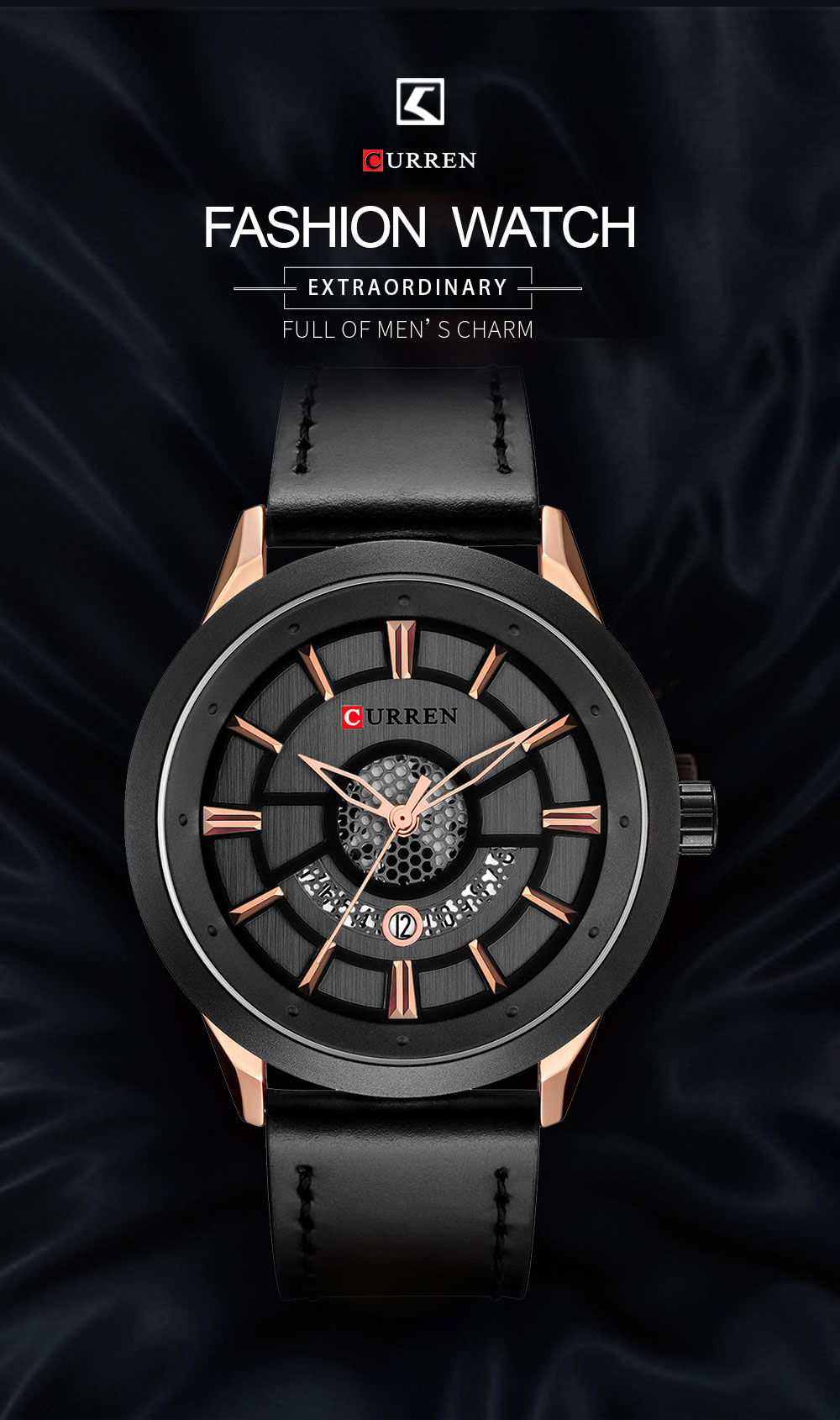 CURREN 8330 Fashion Black Mens Quartz Watch - Genuine