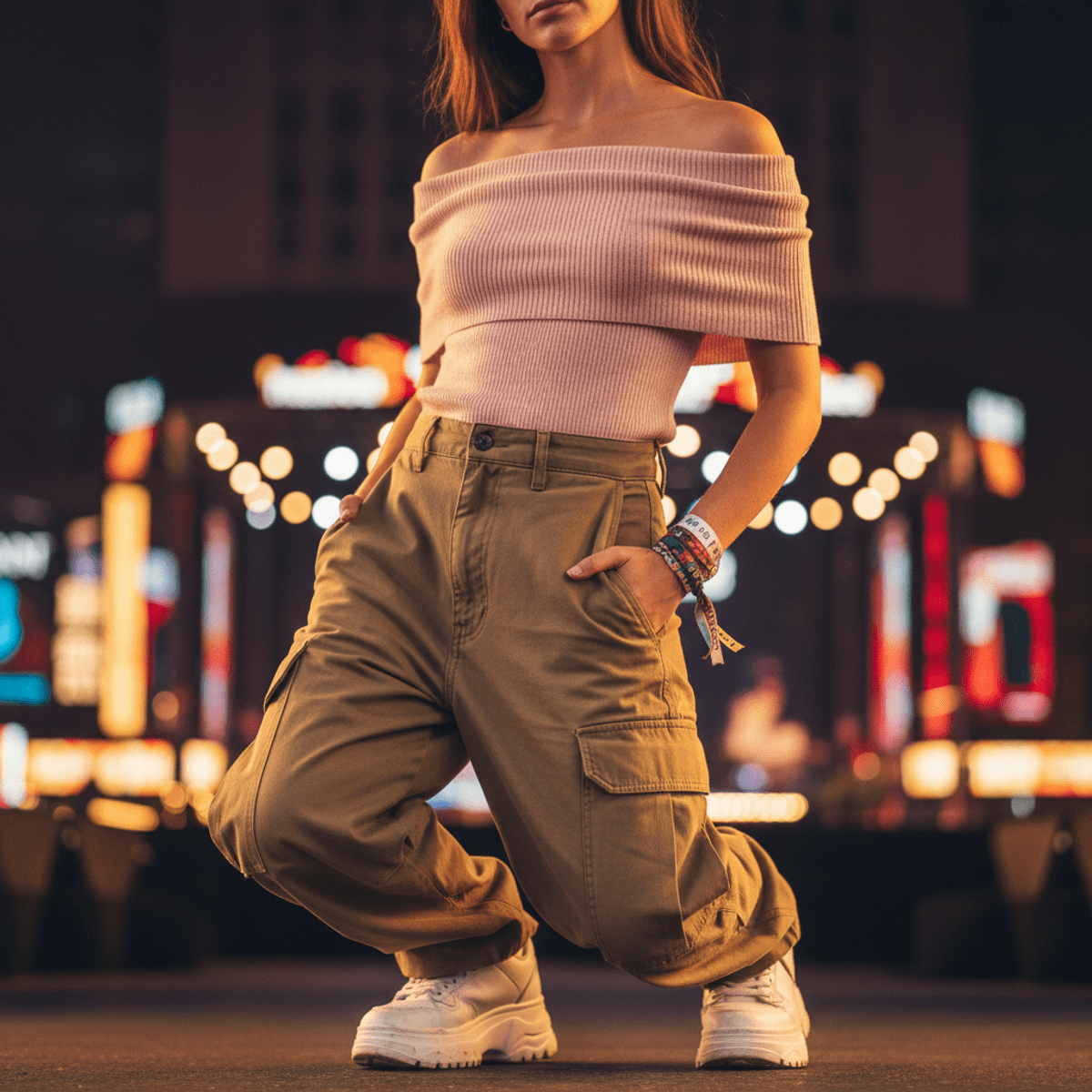 Fashion portrait of woman in knit top and cargo pants. Woman in off-the-shoulder knit top and cargo pants with festival wristbands.