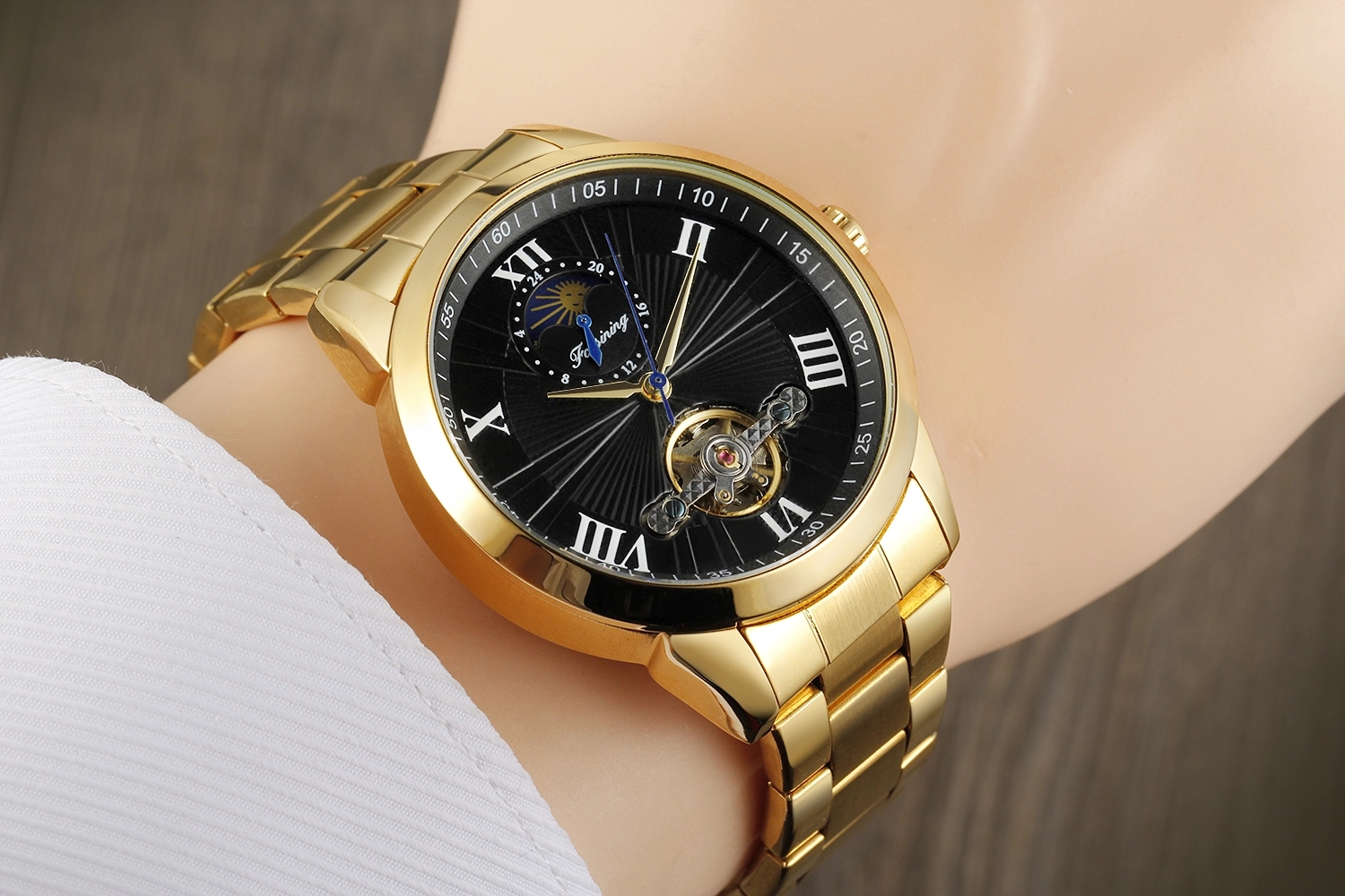 forsining豪华男士不锈钢tour十亿月相机械手表男士自动手表