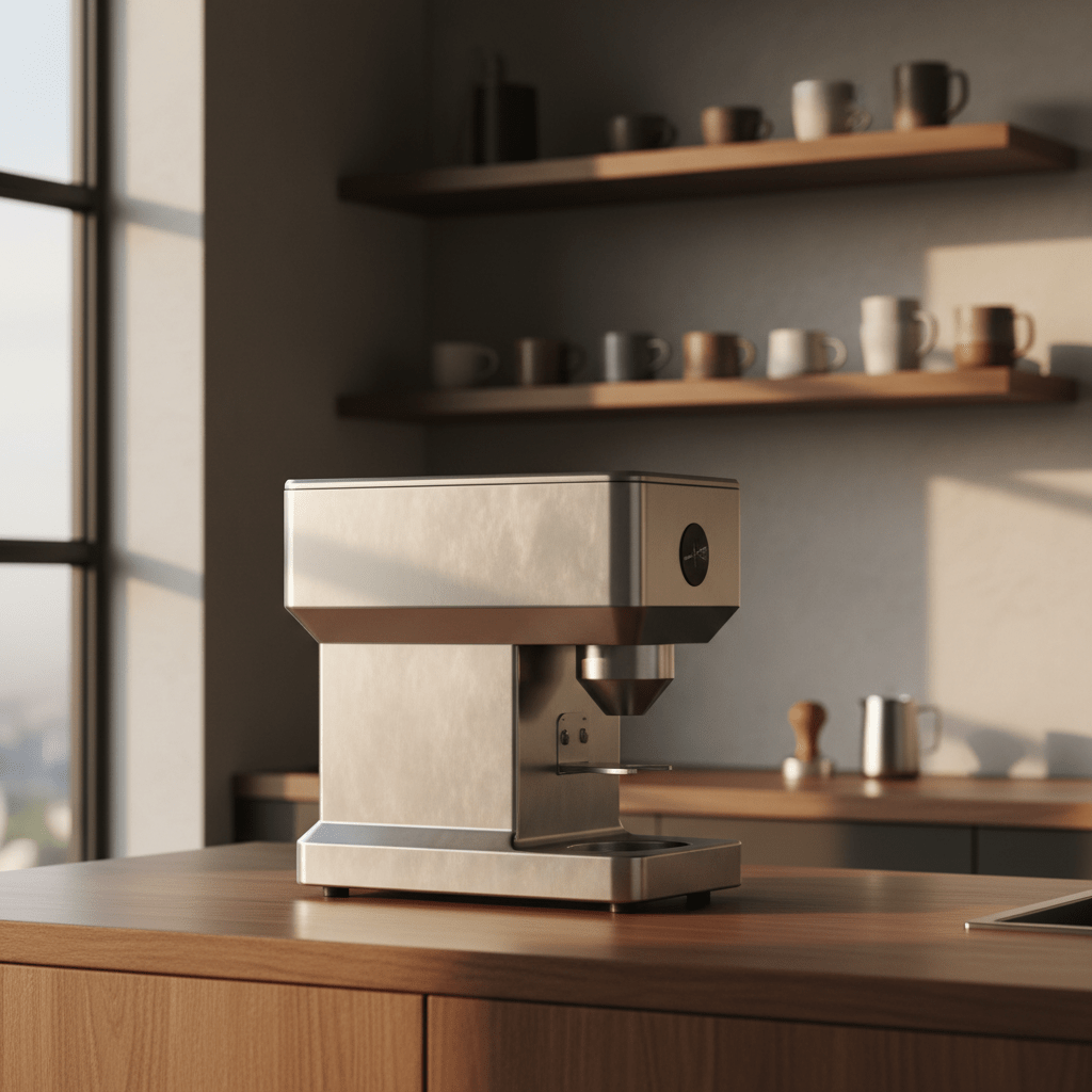 Modern stainless steel coffee grinder on a walnut counter with golden hour light.