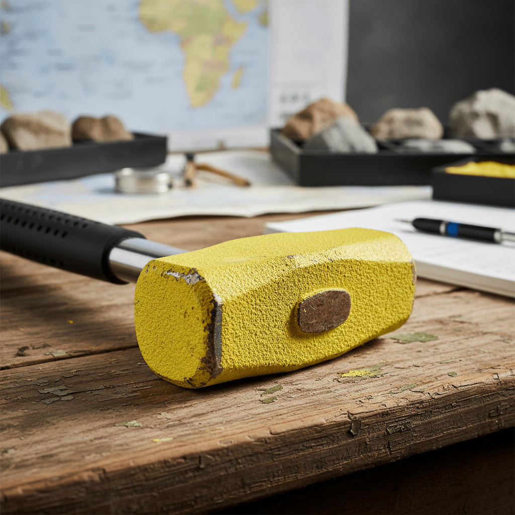 Close-up of a yellow geological hammer with powder finish on a wooden table.