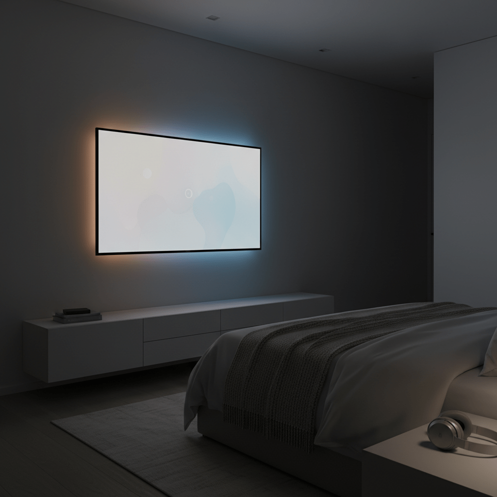 Modern bedroom at night with abstract art on a wall-mounted TV and soft LED lighting.