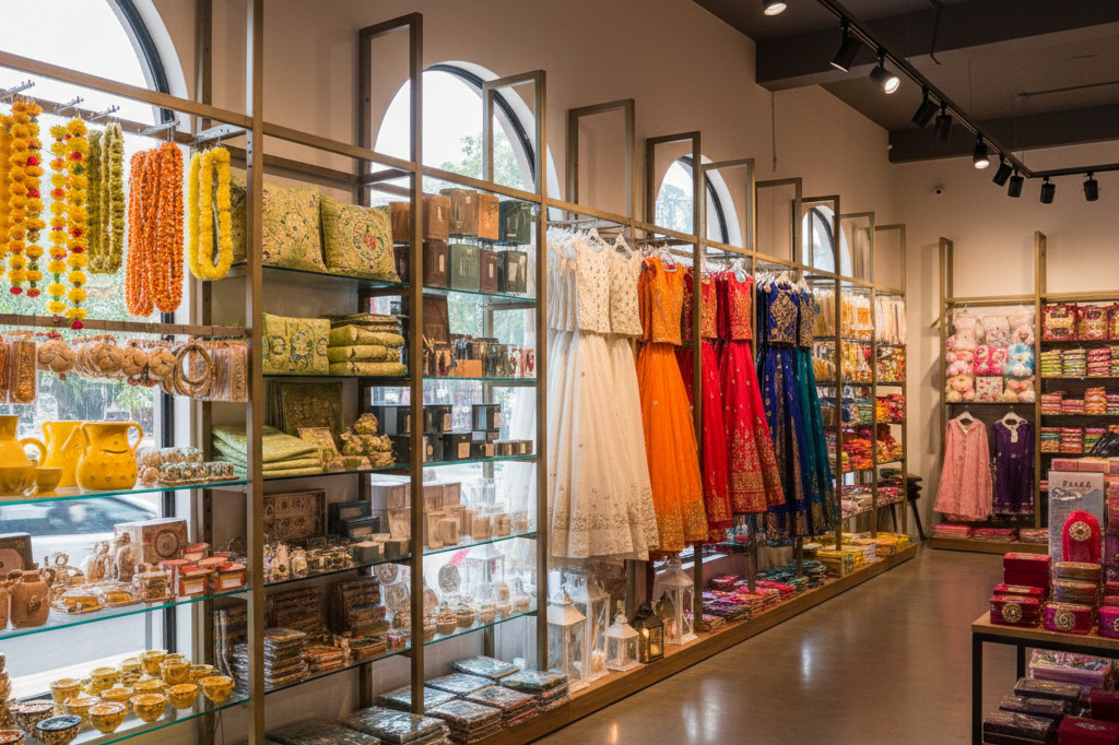 Colorful retail store display featuring seasonal festival merchandise arranged by traditional hues