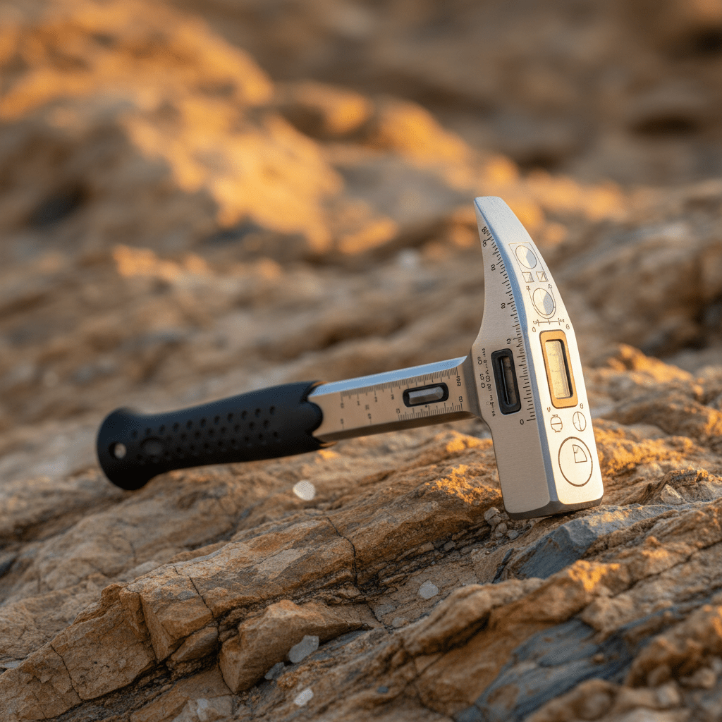 Geological hammer with measurement scales rests on rocky terrain during golden hour.