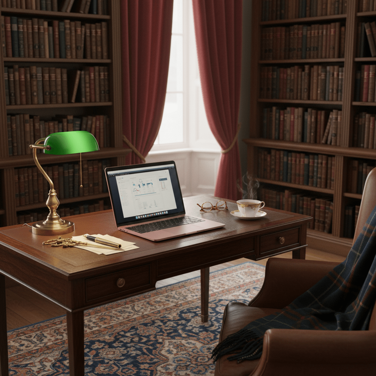 Mauve-pink laptop on mahogany desk with brass banker's lamp and leather-bound books.
