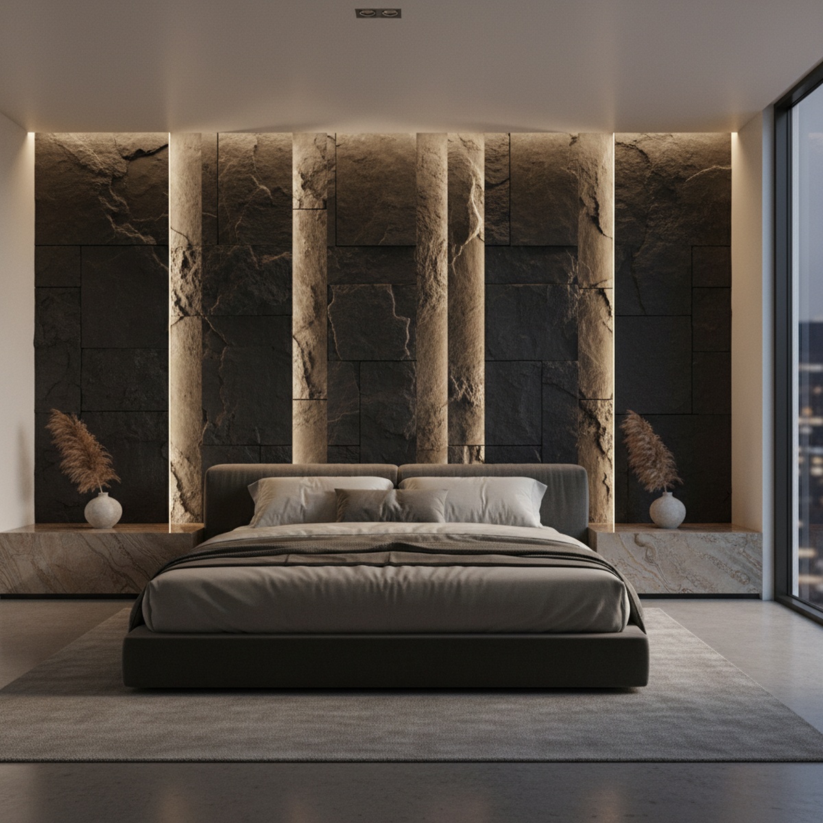 Luxurious bedroom with a dramatic carbon slate feature wall and soft LED lighting.