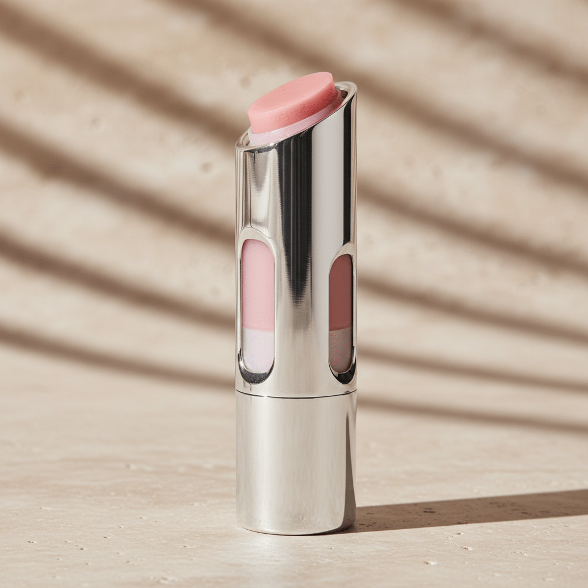 Sculptural pink lip balm in polished aluminum cylinder Luxurious pink lip balm in a sleek, faceted polished aluminum cylinder.