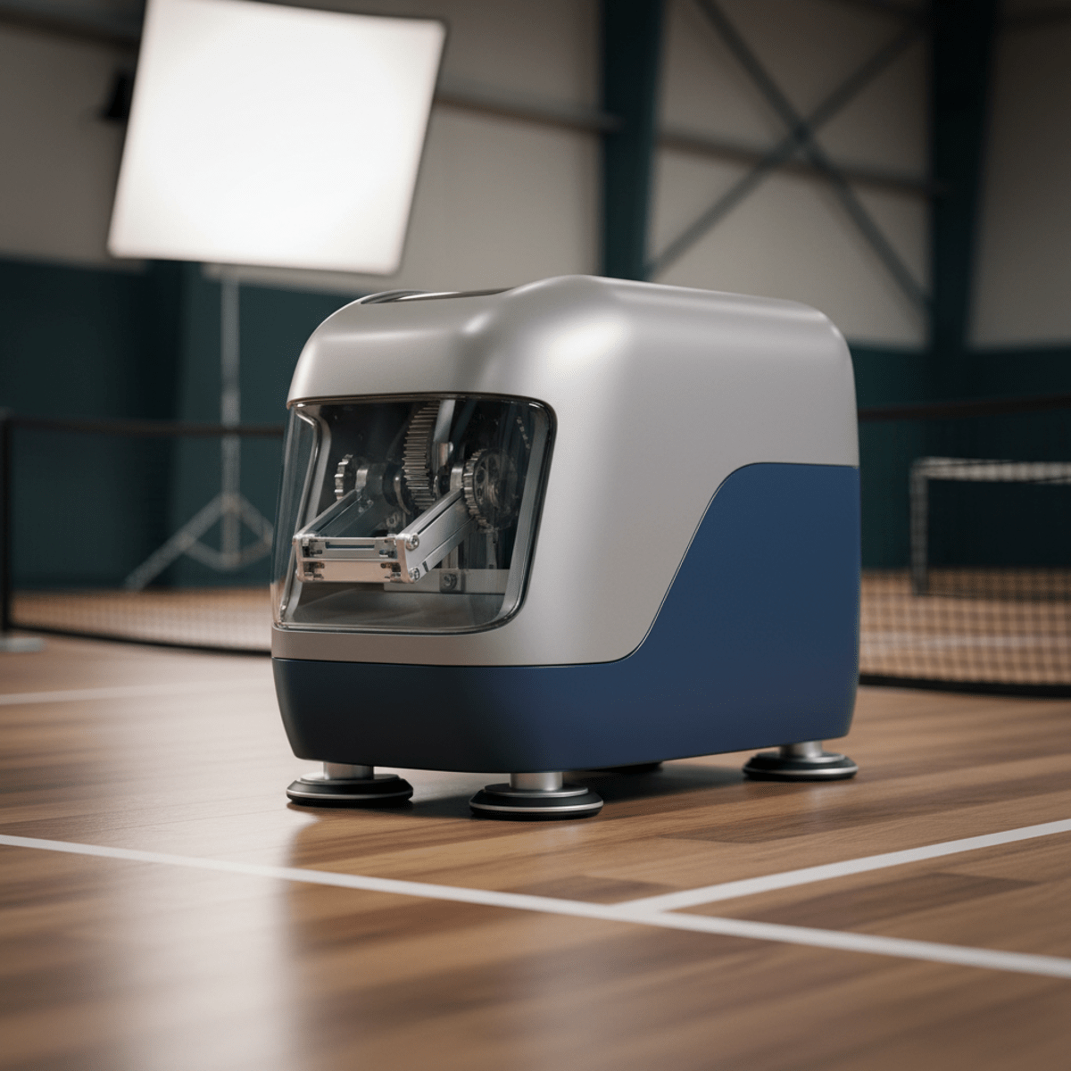 Sleek pickleball machine on polished wooden court floor with studio lighting.