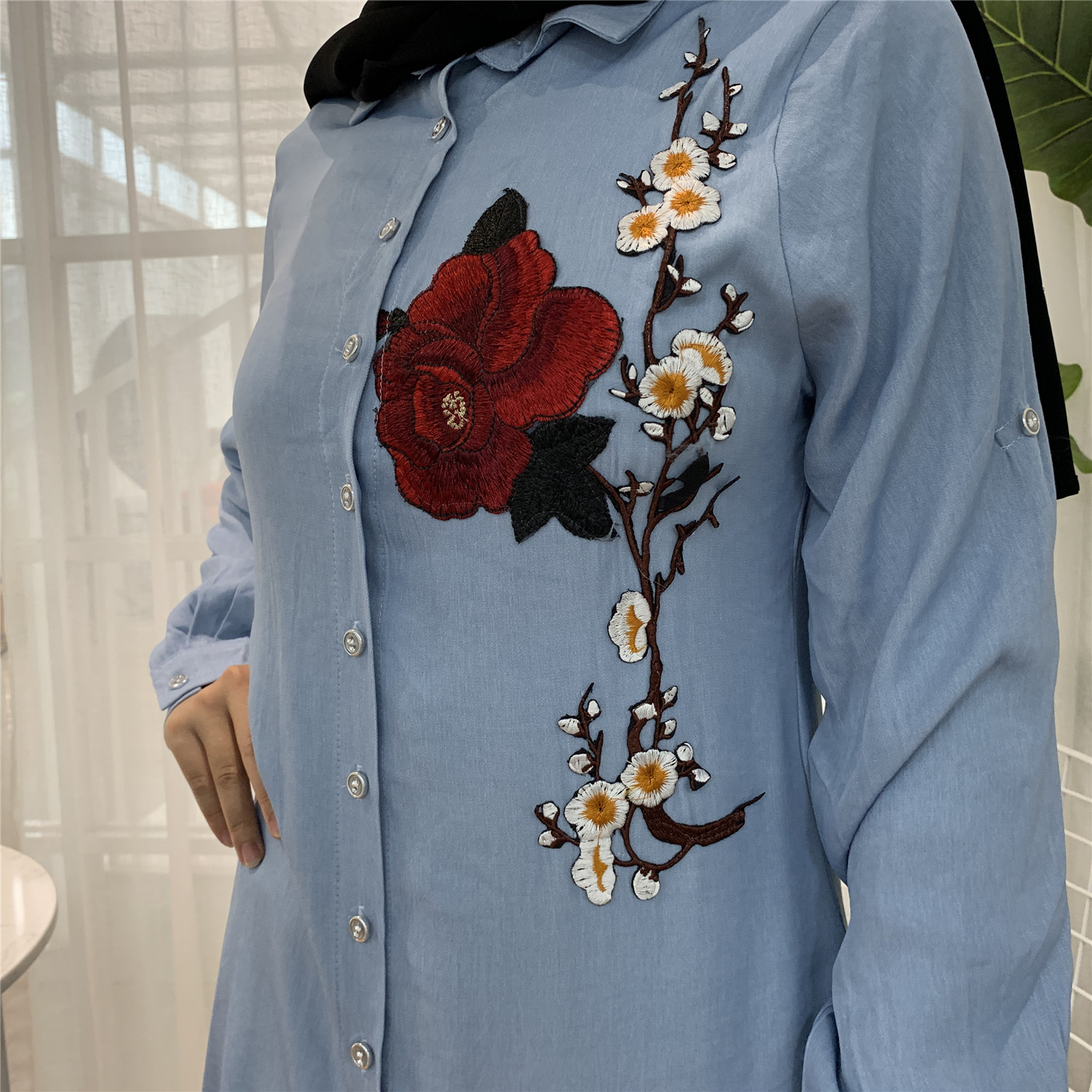 2055#Casual Muslim Shirt Blue Blouses With Flora - CHAOMENG MUSLIM SHOP