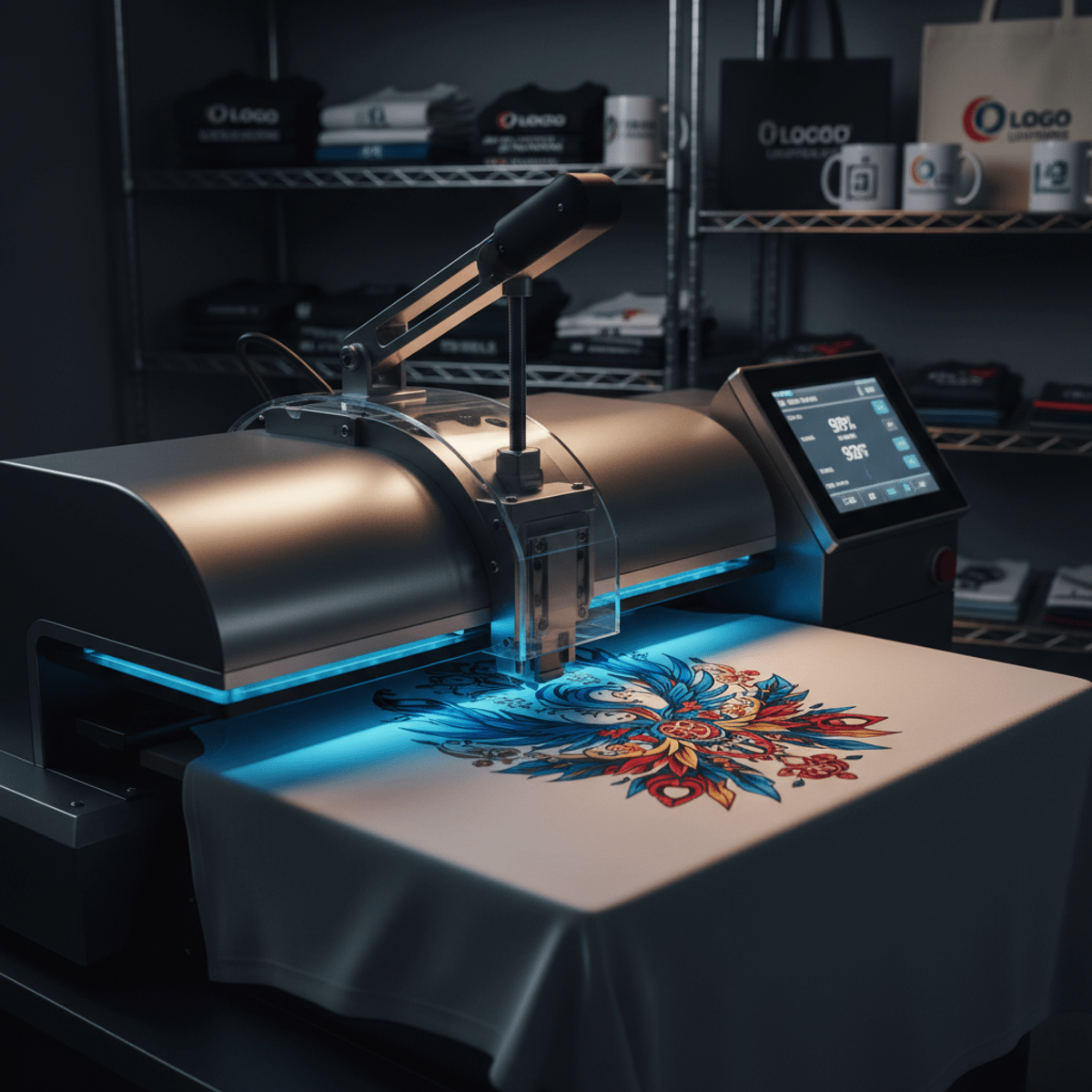 Shirt printer applies multi-color vinyl graphic onto cotton t-shirt with heat press.