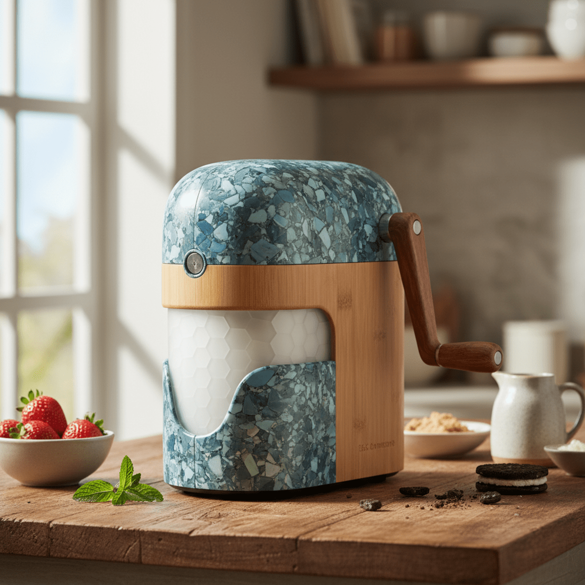 Eco-conscious ice cream maker crafted from reclaimed plastic and bamboo on a rustic counter.