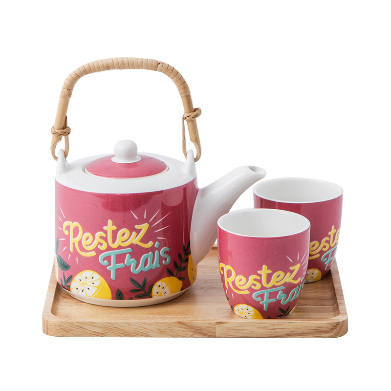 Porcelain Tea Cup Set Lemon Design Ceramic Tea Pot With Strainer