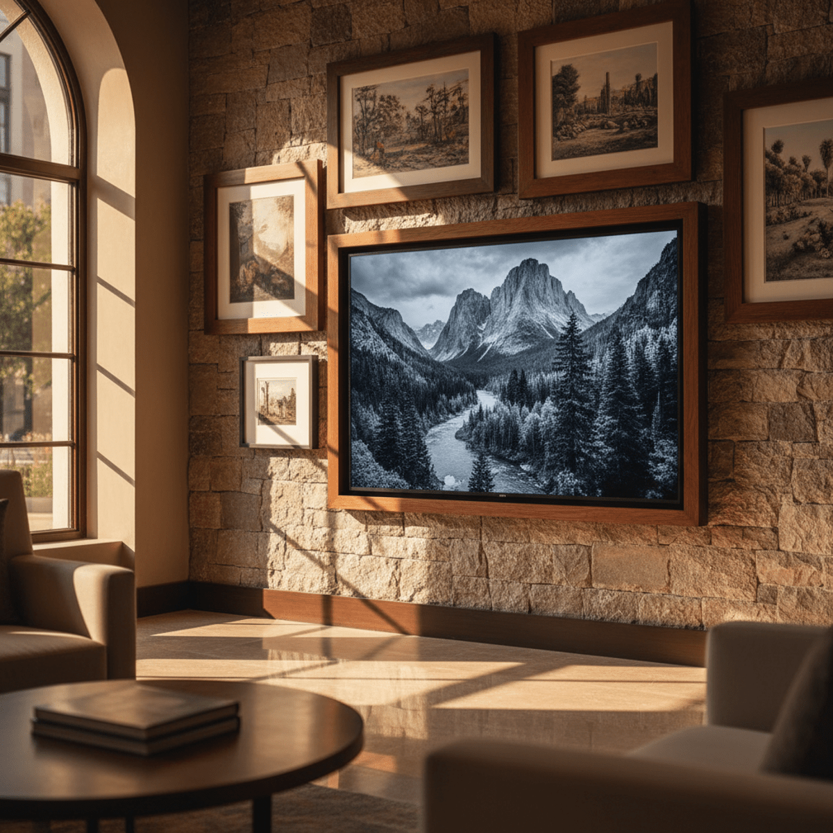 Matte finish TV displaying landscape art in a boutique hotel lobby.
