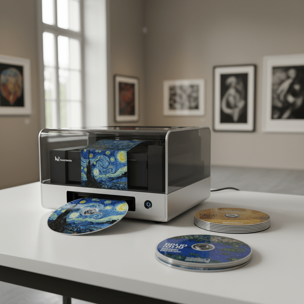 Sleek CD printer creates vibrant discs with famous artwork reproductions in a modern studio.